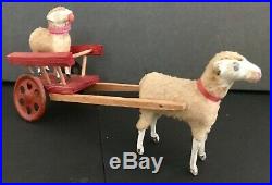 Antique Vintage Stick Leg Wooly Sheep Pulling Tin Wheel Cart Sheep Rider German