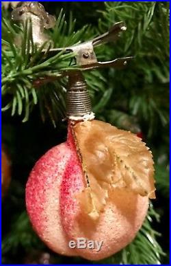 Antique Vintage Sugared Frosted Peach On Candle Clip German Christmas Ornament