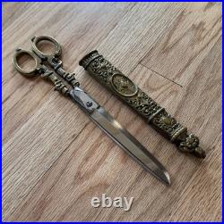 Antique/ Vintage Victorian Ornate German Heavy Brass Handled Scissors & Sheath