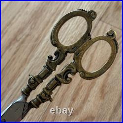 Antique/ Vintage Victorian Ornate German Heavy Brass Handled Scissors & Sheath