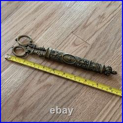 Antique/ Vintage Victorian Ornate German Heavy Brass Handled Scissors & Sheath