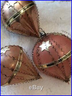 Antique Vtg RARE German Pink Glass Wire & Dresden foil Ornaments + Tree Topper
