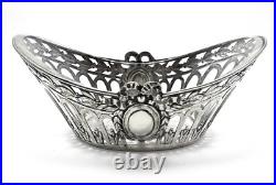 Antique c1890 German Pierced Silver 800 Bon Bon Nut Glass Dish Sugar Bowl Basket