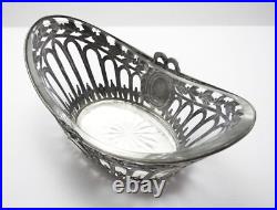Antique c1890 German Pierced Silver 800 Bon Bon Nut Glass Dish Sugar Bowl Basket