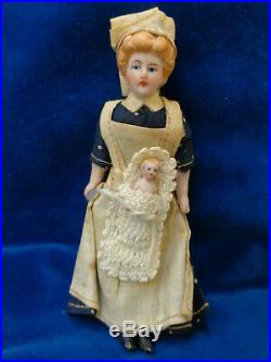 Antique dollhouse doll c1900 rare nanny with baby original dress & bonnet