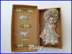 Antique dollhouse doll mignonette closed mouth & flower hat dated about 1900
