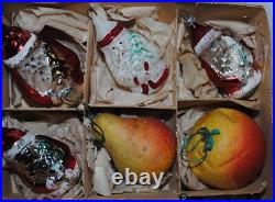 Antique german box with 12 rare glass and cotton christmas ornaments
