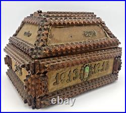 Antique german jewelry box 1910's woodwork carving