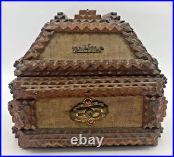 Antique german jewelry box 1910's woodwork carving