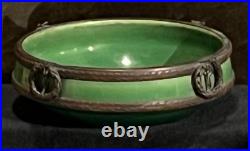 Antiques Vintage German Porcelaine 12 Green Bowl with Bronze Trim Wreath Detail