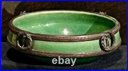 Antiques Vintage German Porcelaine 12 Green Bowl with Bronze Trim Wreath Detail