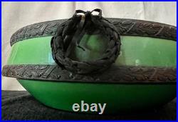 Antiques Vintage German Porcelaine 12 Green Bowl with Bronze Trim Wreath Detail