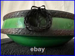 Antiques Vintage German Porcelaine 12 Green Bowl with Bronze Trim Wreath Detail
