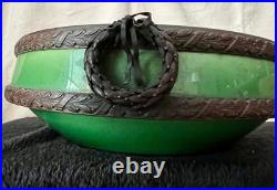 Antiques Vintage German Porcelaine 12 Green Bowl with Bronze Trim Wreath Detail