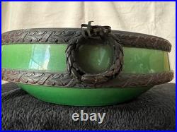 Antiques Vintage German Porcelaine 12 Green Bowl with Bronze Trim Wreath Detail
