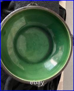 Antiques Vintage German Porcelaine 12 Green Bowl with Bronze Trim Wreath Detail Antiques Vintage German Porcelaine 12 Green Bowl with Bronze Trim Wreath Detail