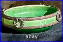 Antiques Vintage German Porcelaine 12 Green Bowl with Bronze Trim Wreath Detail