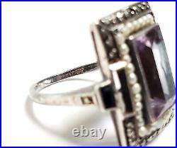 Art Deco Amethyst Ring Pre WWII German Amethyst Seed Pearl Sterling Ring Sz 7.75