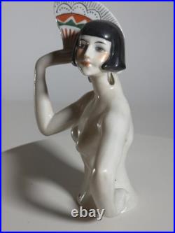 Art Deco German Porcelain Half Doll Fan Dancer Nude Lady