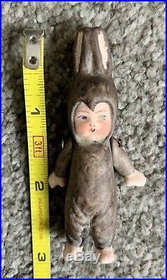 BISQUE HERTWIG CARL HORN MINIATURE Jtd Arms 3 Tiny Doll Dressed As Rabbit
