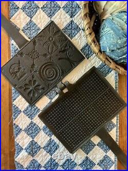 C1890 Antique German Cast Iron Waffle Maker with Ornamentation