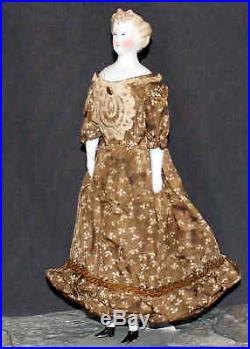 DARLING ANTIQUE PARIAN DOLL IN BROWN PRINT DRESS by C. F. KLING & CO