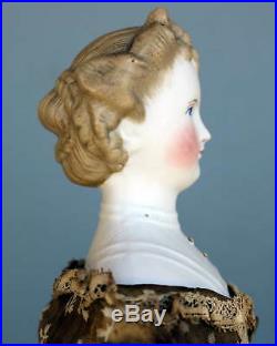 DARLING ANTIQUE PARIAN DOLL IN BROWN PRINT DRESS by C. F. KLING & CO
