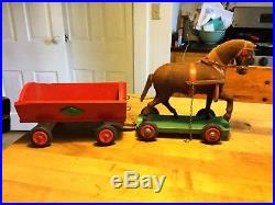 Darling Antique Vintage German Wooden Pull Toy Horse & Wagon Flock Paint Nice