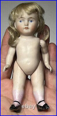Early Antique German All Bisque 5 Girl Doll Miniature Painted Eye Pink Boots