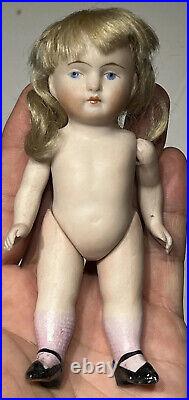 Early Antique German All Bisque 5 Girl Doll Miniature Painted Eye Pink Boots