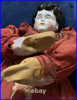 Early German China Head Black Hair Doll Sawdust Vintage Antique Please Read