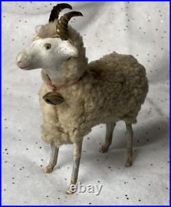 Early antique vintage putz german wooly sheep ram stick legs
