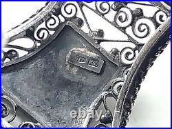Etruscan Revival 800 Silver Open Work Filigree Cannetille Bracelet with Carnelian