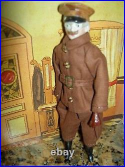 Extraordinary antique German bisque military dollhouse doll mustache, labeled box