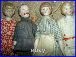 FOUR antique German bisque, 5 dollhouse FAMILY dolls originally dressed exlnt