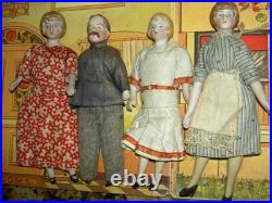 FOUR antique German bisque, 5 dollhouse FAMILY dolls originally dressed exlnt