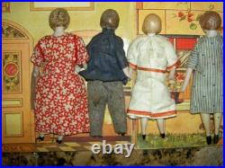 FOUR antique German bisque, 5 dollhouse FAMILY dolls originally dressed exlnt