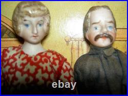 FOUR antique German bisque, 5 dollhouse FAMILY dolls originally dressed exlnt
