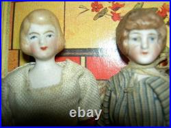 FOUR antique German bisque, 5 dollhouse FAMILY dolls originally dressed exlnt