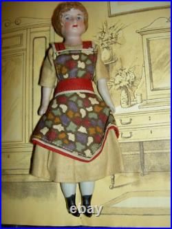 FOUR antique German bisque, 5 dollhouse FAMILY dolls originally dressed exlnt