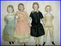 FOUR antique German bisque, 5 dollhouse FAMILY dolls originally dressed exlnt
