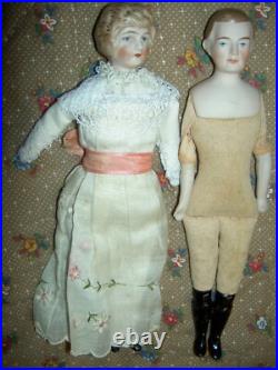 FOUR antique German bisque, 5 dollhouse FAMILY dolls originally dressed exlnt