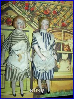 FOUR antique German bisque, 5 dollhouse FAMILY dolls originally dressed exlnt