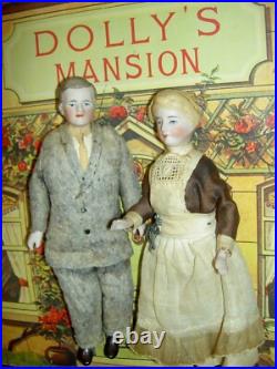 FOUR antique German bisque, 5 dollhouse FAMILY dolls originally dressed exlnt