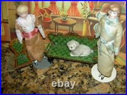 FOUR antique German bisque, 5 dollhouse FAMILY dolls originally dressed exlnt