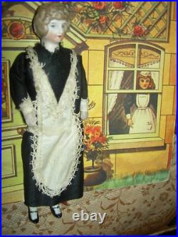 FOUR antique German bisque, 5 dollhouse FAMILY dolls originally dressed exlnt
