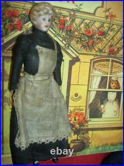 FOUR antique German bisque, 5 dollhouse FAMILY dolls originally dressed exlnt