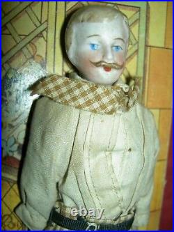FOUR antique German bisque, 5 dollhouse FAMILY dolls originally dressed exlnt