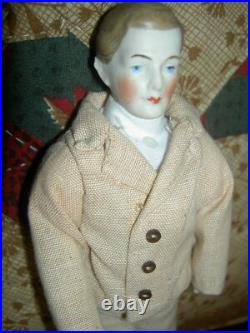 FOUR antique German bisque, 5 dollhouse FAMILY dolls originally dressed exlnt