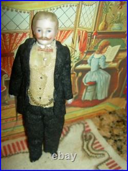 FOUR antique German bisque, 5 dollhouse FAMILY dolls originally dressed exlnt